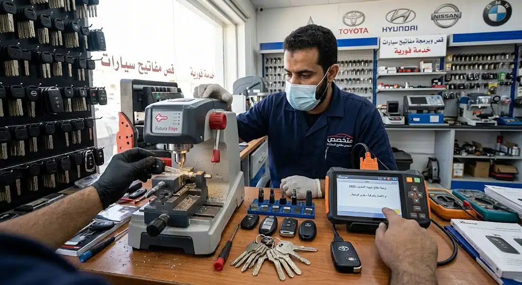 فني مفاتيح سيارات الكويت يقص نصل مفتاح على مكينة ليزر