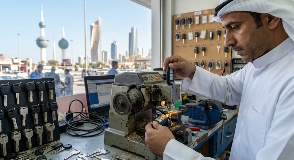 فريق فني متخصص ومعدات حديثة تعمل في المنطقة لتلبية طلبات مفاتيح سيارات كيفان الكويت لضمان الدقة والسرعة في برمجة ونسخ أقفال السيارات