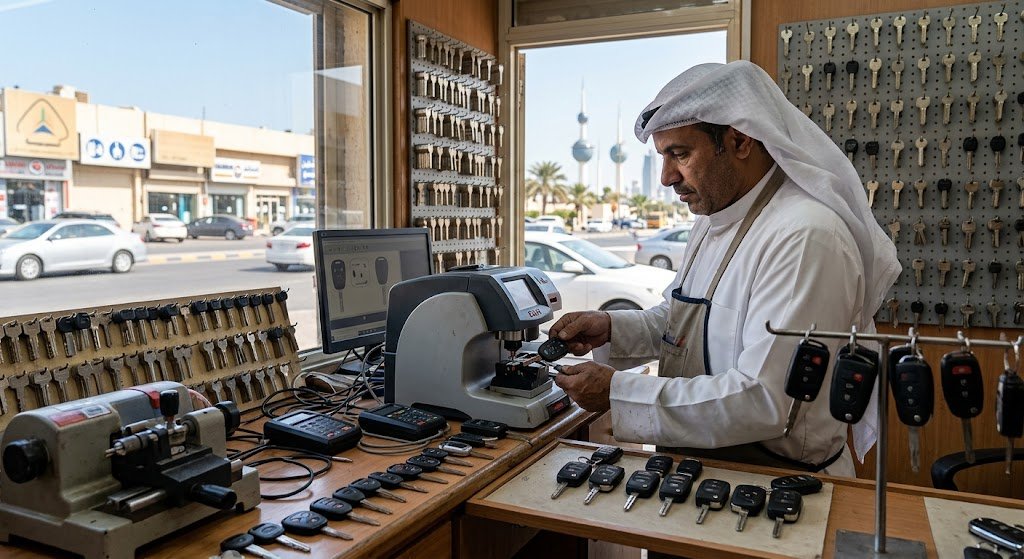 فريق فني متخصص ومعدات حديثة تعمل في المنطقة لتلبية طلبات مفاتيح سيارات مبارك الكبير الكويت لضمان الدقة والسرعة في برمجة ونسخ أقفال السيارات