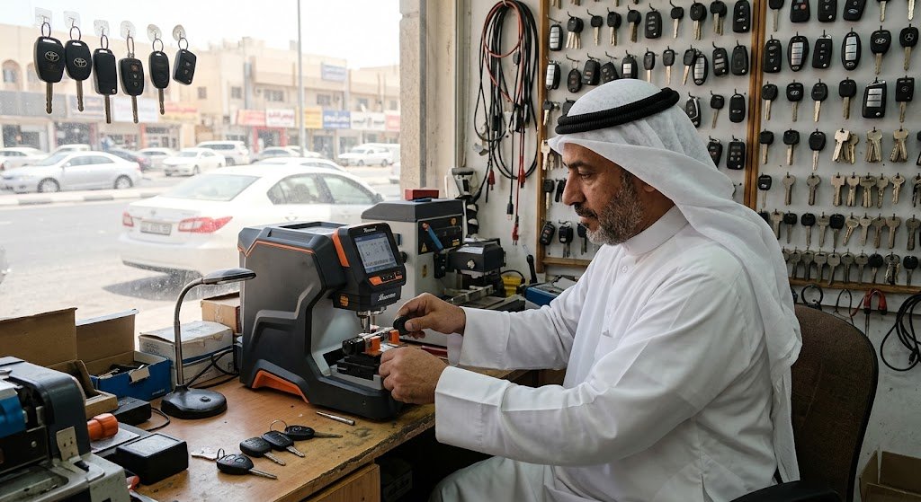 فريق فني متخصص ومعدات حديثة تعمل في المنطقة لتلبية طلبات مفاتيح سيارات مشرف الكويت لضمان الدقة وسرعة الاستجابة في برمجة ونسخ المفاتيح