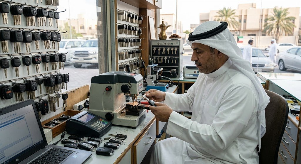 فريق فني متخصص وأجهزة برمجة حديثة تعمل في المنطقة لتلبية طلبات مفاتيح سيارات هدية الكويت بسرعة واحترافية لضمان أمان مركبتك