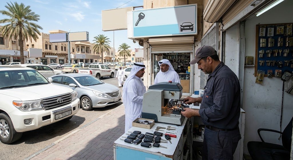 أدوات دقيقة وفني متخصص يقوم ببرمجة ونسخ المفاتيح الذكية ضمن أعمال عمل مفتاح سيارة بالكويت لتلبية حالات الطوارئ باحترافية وسرعة فائقة