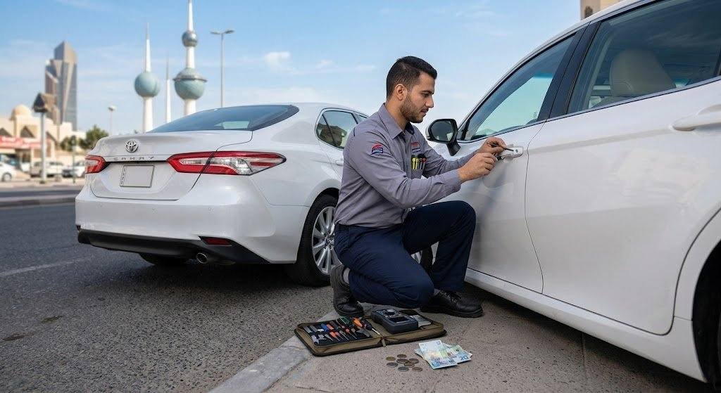 فني سيارات محترف يقوم بفحص وبرمجة كمبيوتر السيارة بدقة وأمان ضمن خدمات برمجة سيارات الجهراء بالكويت لضمان أفضل أداء للمحرك وراحة العملاء.