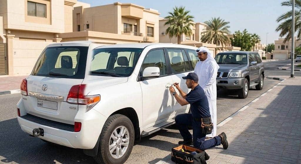 فني محترف يقوم بفتح أقفال أبواب السيارات المغلقة بدقة وأمان باستخدام أحدث المعدات المتخصصة ضمن خدمات فتح سيارات الشدادية بالكويت لضمان سلامة المركبة من الخدوش وراحة العملاء.