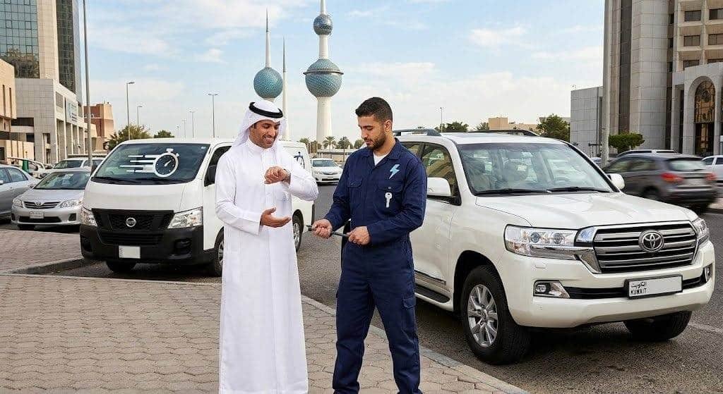 فني محترف يقوم بقص وبرمجة مفاتيح السيارات بدقة وأمان باستخدام أحدث الأجهزة الذكية ضمن خدمات مفاتيح سيارات الرقة بالكويت لضمان سرعة الإنجاز وراحة العملاء.