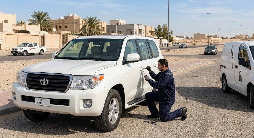 فني محترف يقوم بأعمال فتح أقفال السيارات المغلقة بدقة وأمان باستخدام أحدث المعدات المتخصصة ضمن خدمات فتح سيارات السلام بالكويت لضمان سلامة المركبة وراحة العملاء.