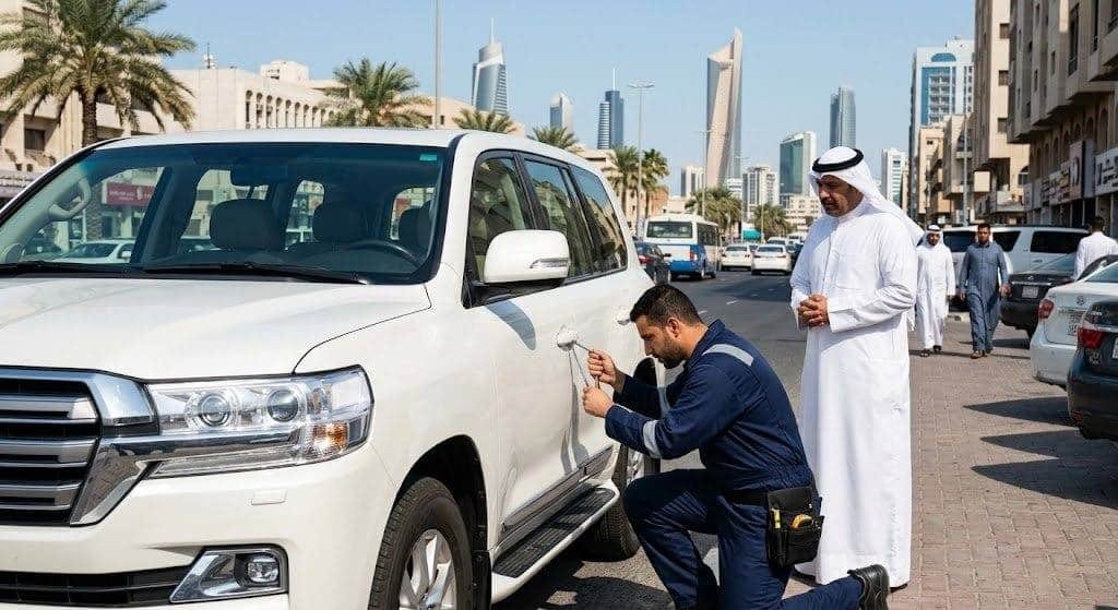 فني محترف يقوم بأعمال فتح أقفال السيارات المغلقة بدقة وأمان باستخدام أحدث المعدات والأدوات المتطورة ضمن خدمات فتح سيارات البدع بالكويت لضمان سرعة الاستجابة والمحافظة على السيارة بدون خدوش.