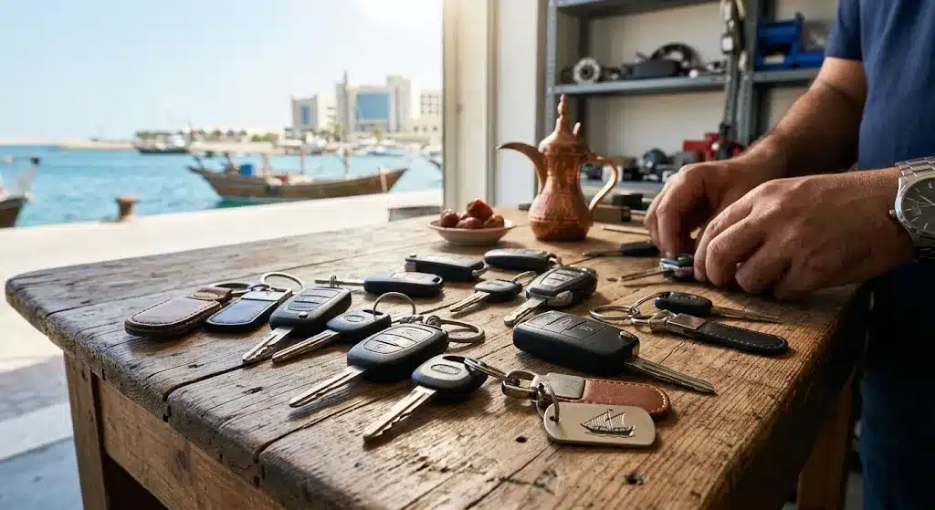 فني محترف يقوم بأعمال برمجة وقص ونسخ مفاتيح السيارات بدقة وأمان باستخدام أحدث الأجهزة الذكية ضمن خدمات مفاتيح سيارات البدع بالكويت لضمان سرعة الإنجاز وراحة العملاء.