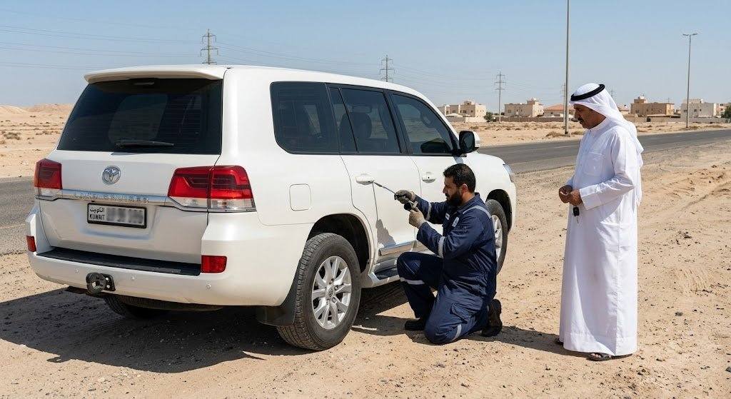 فني محترف يقوم بأعمال صب وبرمجة مفاتيح السيارات بدقة وأمان باستخدام أحدث الأجهزة والمعدات التكنولوجية ضمن خدمات مفاتيح سيارات الصليبخات بالكويت لضمان سرعة الإنجاز وتقديم المساعدة الفورية لراحة العملاء.